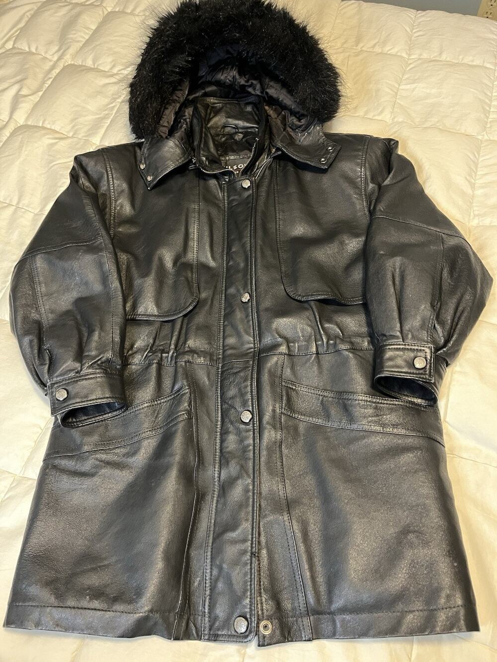 Vintage Wilsons Leather Womens Small Faux Fur Hooded Jacket Quilt Lining Black